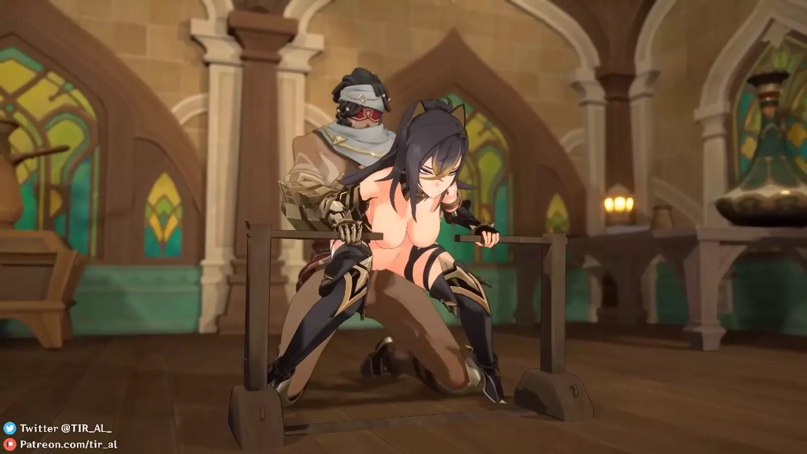 Hentai characters engaging longsword play while showcasing round butts